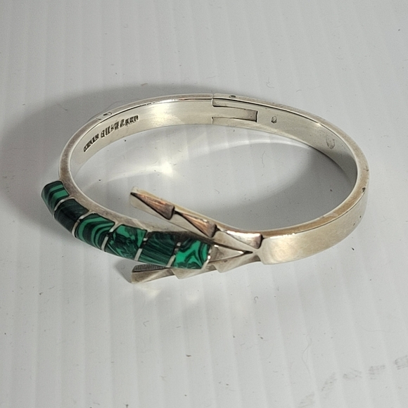 vintage sterling silver 925 malachite hinged  clasp 36.6g bracelet bangle mexico - Picture 3 of 12